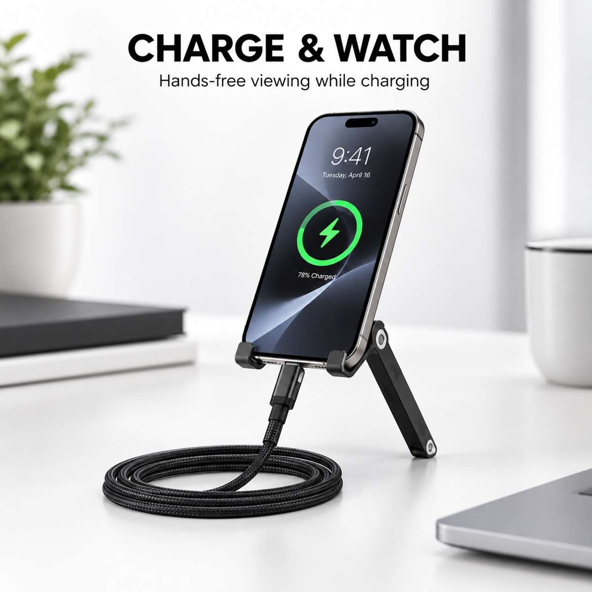 2-in-1 Invisible Stand Charging Cable, Multi Charger Cord with Type C Multi-Angle Adjustable Stand, 240W Fast Charging Cable 5 FT